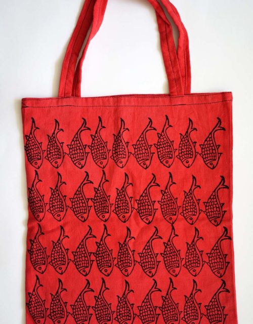 Tote bag "Poissons persans"-  Encre noire / sac rouge